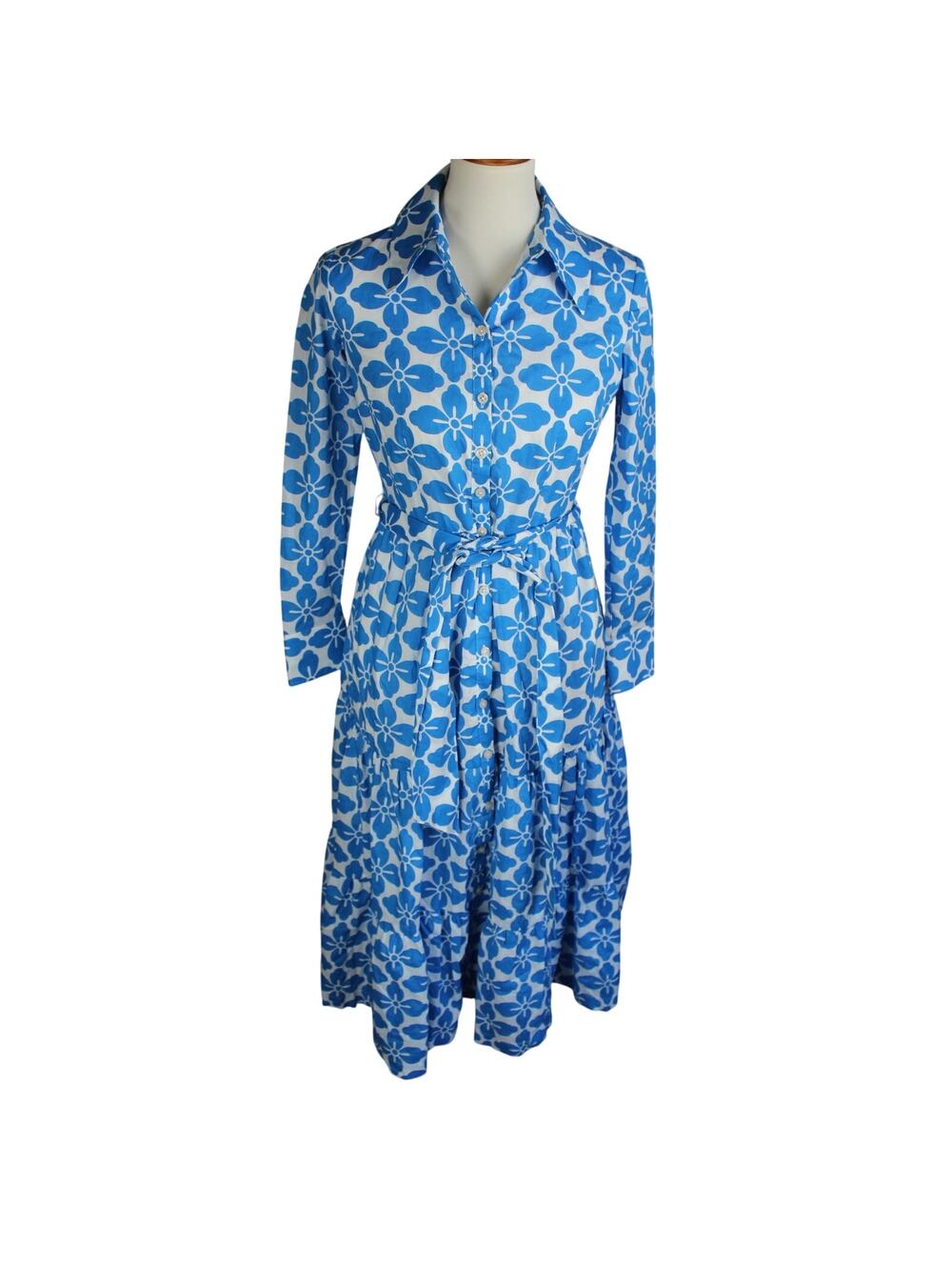 Boden Flo Cotton Midi Dress Womens Size 2 P Blue White Floral Summer Coastal